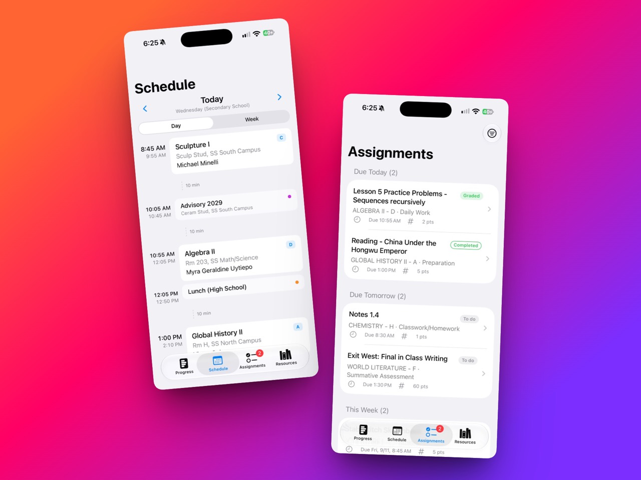 Oakwood One Schedule and Assignments screens together on an orange, pink, and purple background